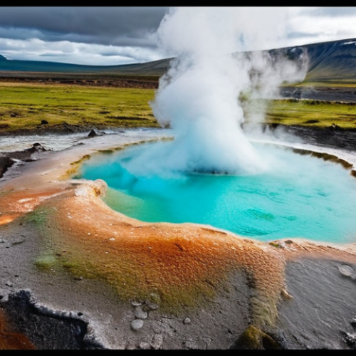 Home 11 ** Vibrant geothermal area of Haukadalur, Iceland. Capture colorful hot springs (turquoise, emerald green hues), with steam rising. Focus on the beauty and variety of colors created by minerals and algae. In the background, show Strokkur geyser erupting.
**