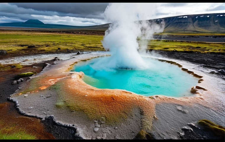** Vibrant geothermal area of Haukadalur, Iceland. Capture colorful hot springs (turquoise, emerald green hues), with steam rising. Focus on the beauty and variety of colors created by minerals and algae. In the background, show Strokkur geyser erupting.
**