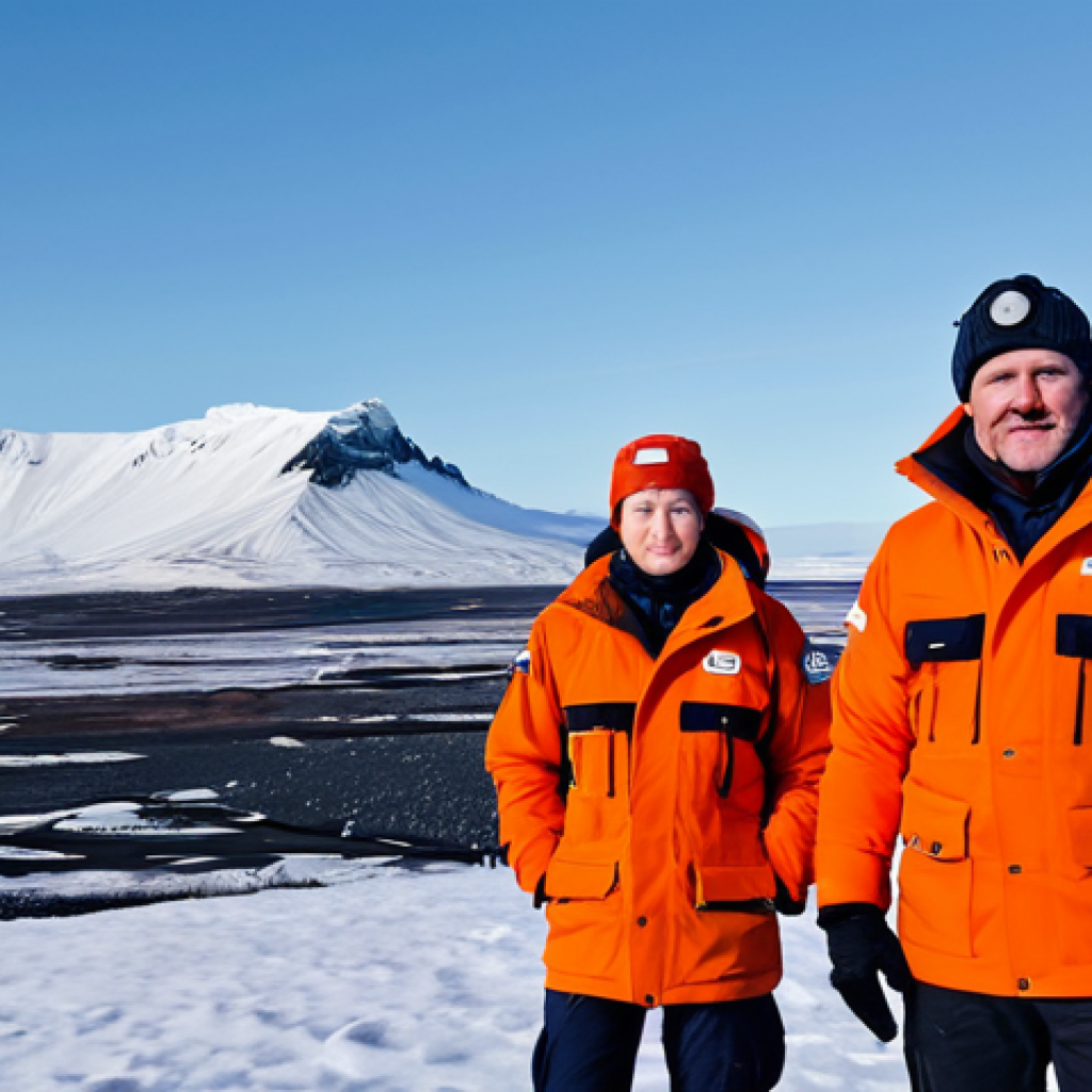 A team of professional search and rescue personnel and volunteers, fully clothed in warm, modest winter gear, standing resiliently in a vast, snow-covered Icelandic landscape. Distant mountains rise under a clear, cold sky. The individuals display a natural pose, looking determined and united. safe for work, appropriate content, appropriate attire, professional dress, perfect anatomy, correct proportions, well-formed hands, proper finger count, natural body proportions, professional photography, high quality, family-friendly.