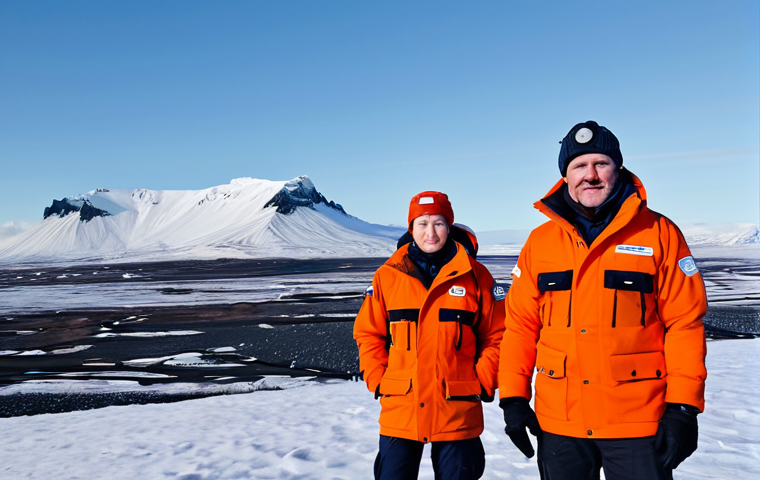 A team of professional search and rescue personnel and volunteers, fully clothed in warm, modest winter gear, standing resiliently in a vast, snow-covered Icelandic landscape. Distant mountains rise under a clear, cold sky. The individuals display a natural pose, looking determined and united. safe for work, appropriate content, appropriate attire, professional dress, perfect anatomy, correct proportions, well-formed hands, proper finger count, natural body proportions, professional photography, high quality, family-friendly.